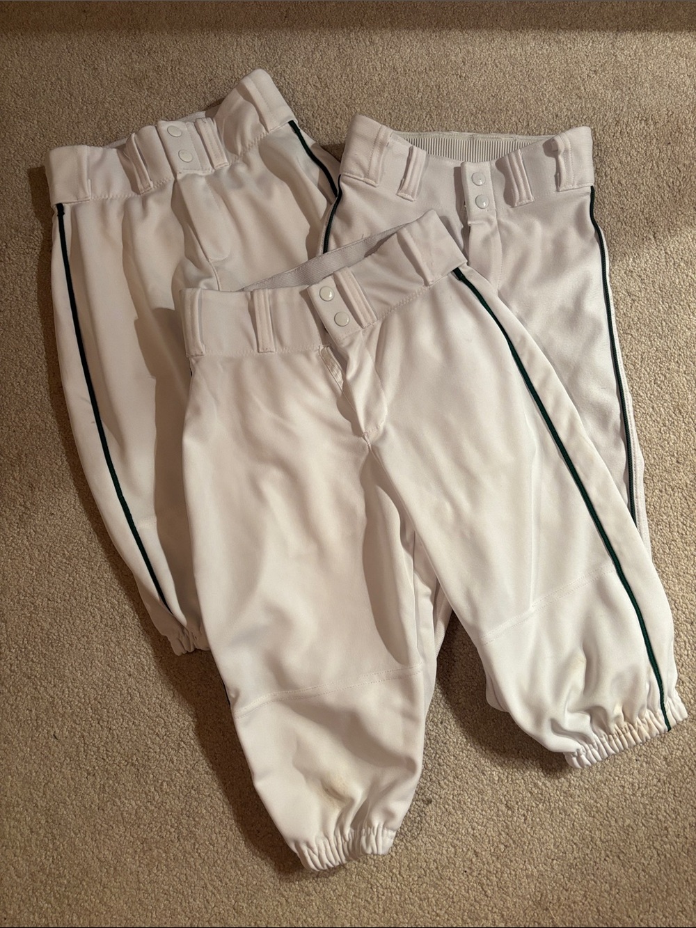 Kids White Baseball Knickers with Side Stripe Green